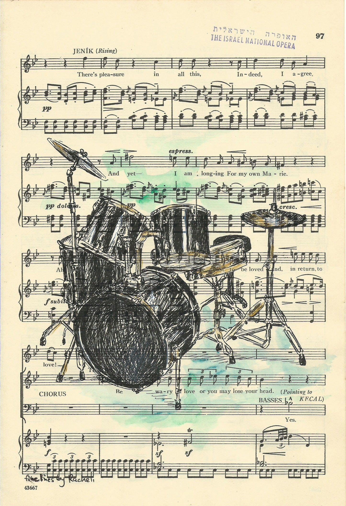 הדפס ממוסגר תופים על דפי ספר תווים ישן - rachelsfinelines