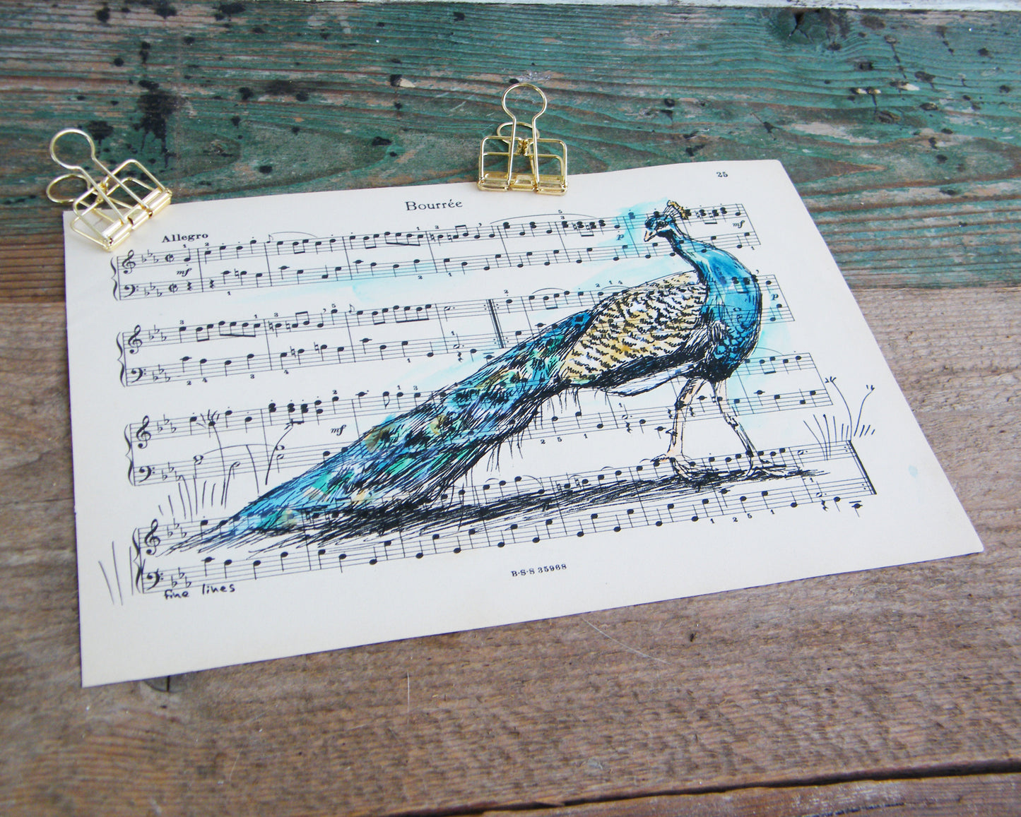 הדפס טווס על נייר מספר ישן - rachelsfinelines