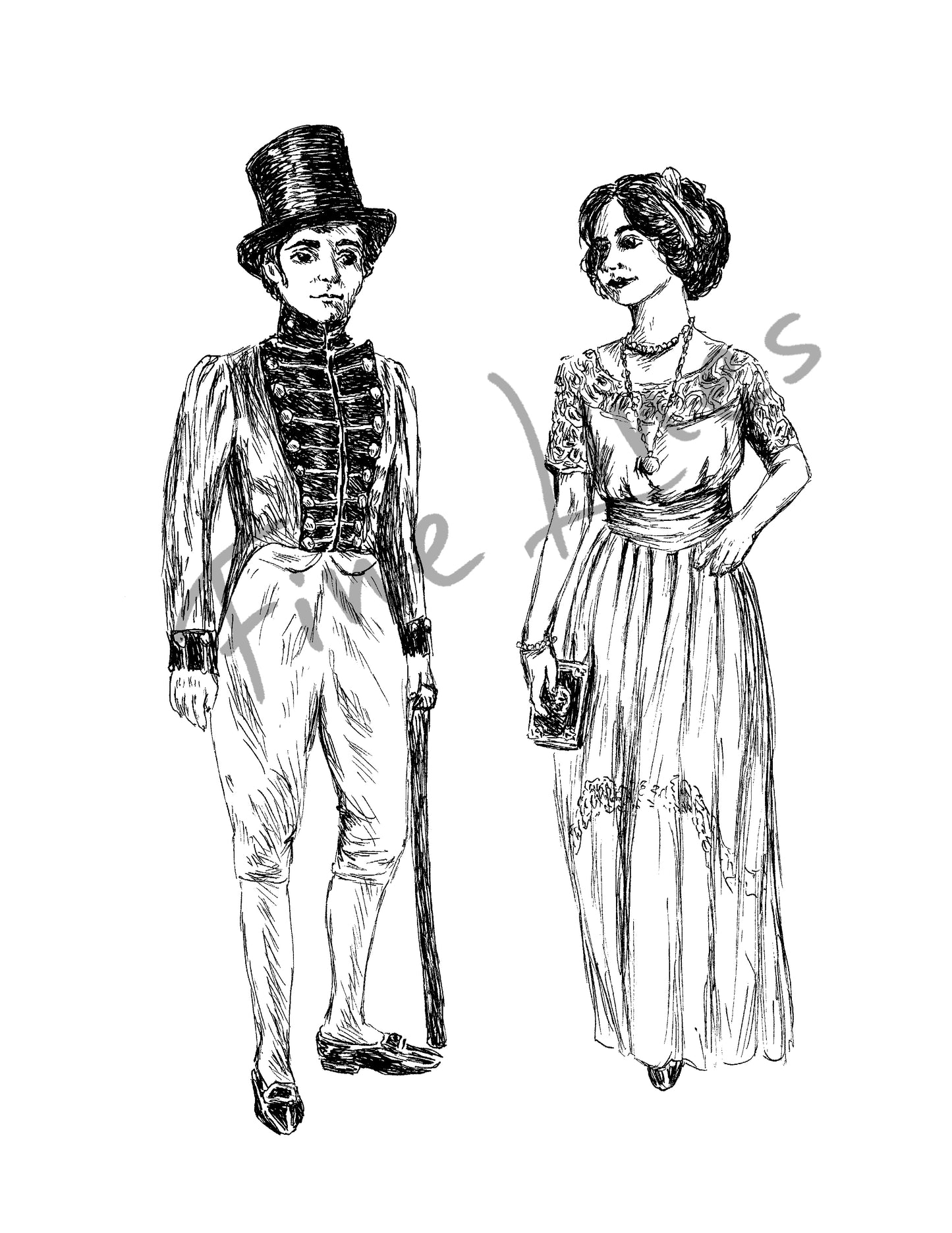 הדפס שחור לבן להדפסה ומיסגור זוג בסגנון ויקטוריאני