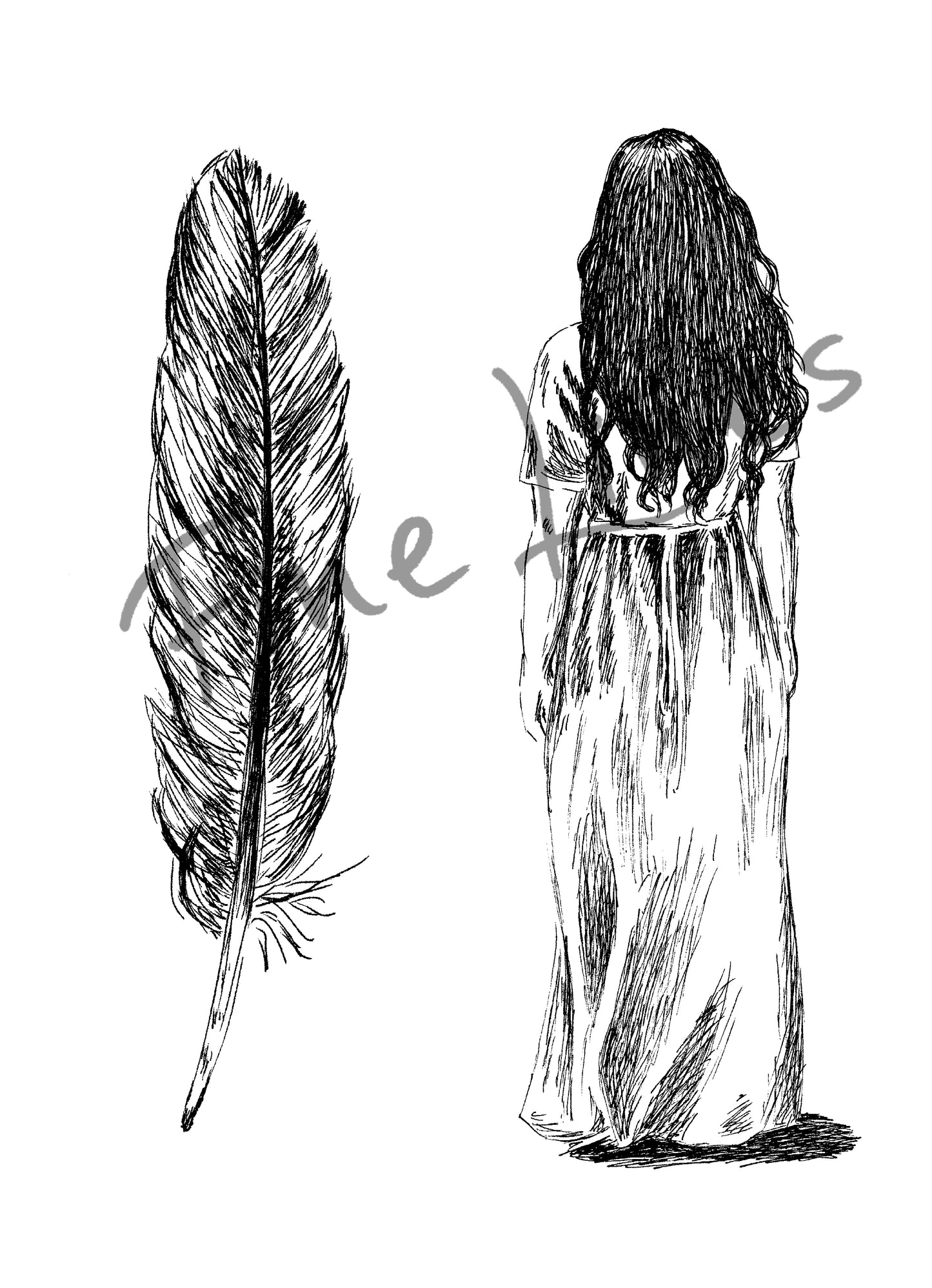 תמונה להדפסה ומיסגור אישה ונוצה - rachelsfinelines