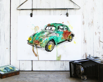 תמונה צבעונית להדפסה ומיסגור מכונית חיפושית עתיקה - rachelsfinelines