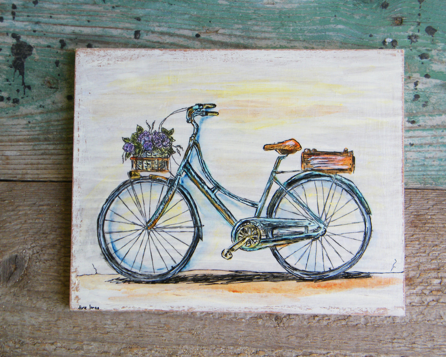 סט תמונות עץ כפריות חלון ישן ואופניים
