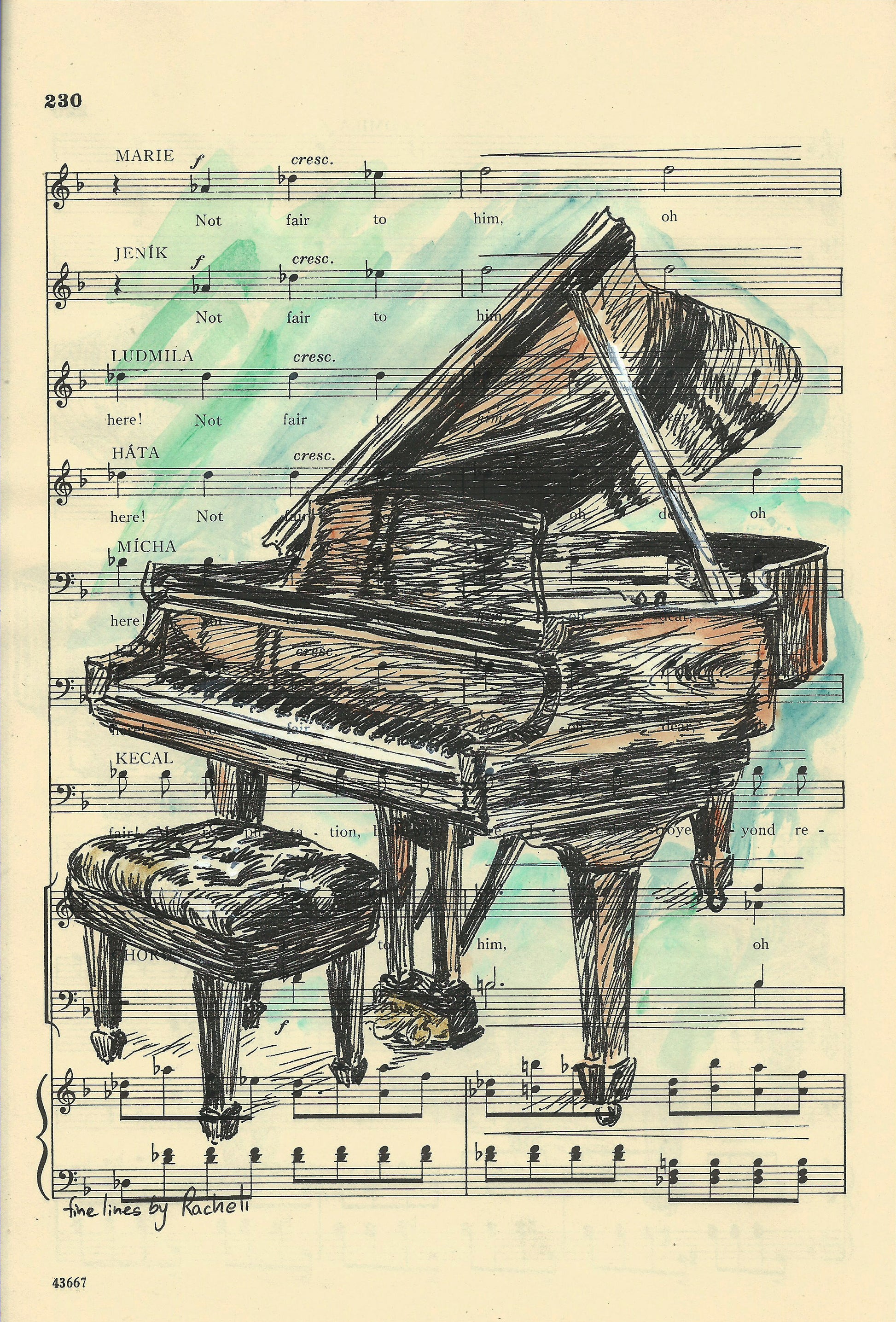 הדפס  פסנתר על נייר מספר תווים ישן - rachelsfinelines