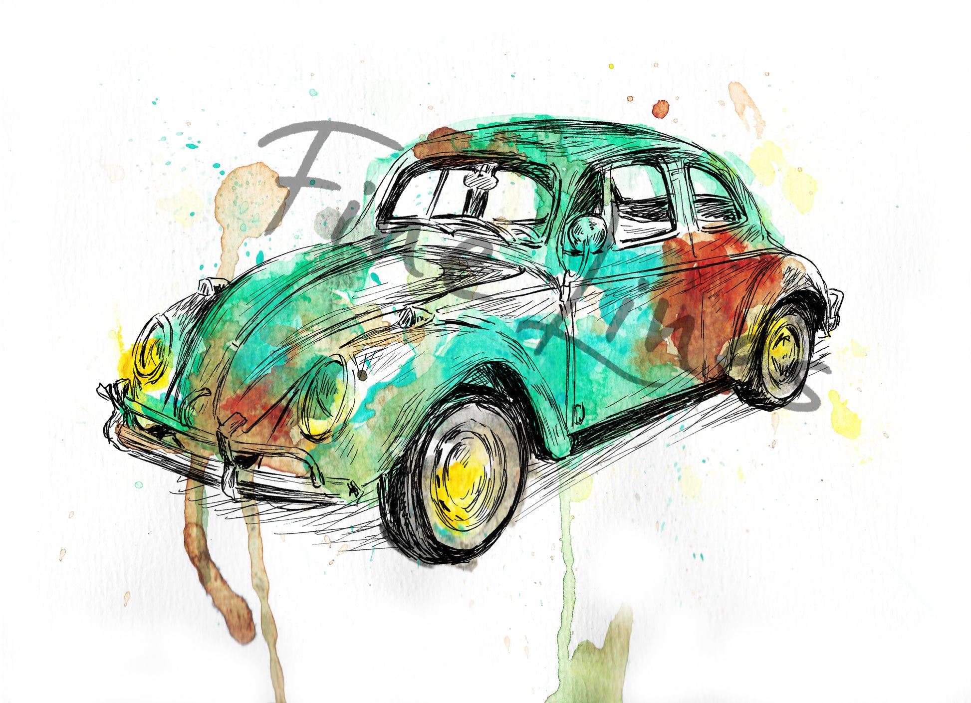 תמונה צבעונית להדפסה ומיסגור מכונית חיפושית עתיקה - rachelsfinelines
