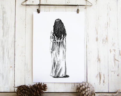 הדפס שחור לבן להדפסה ומיסגור אישה בשמלה לבנה - rachelsfinelines